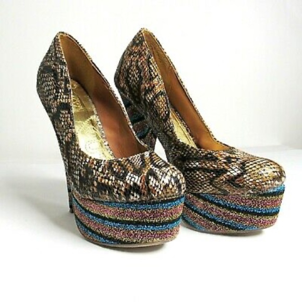 MONA MIA  Brown Leopard Print /Sparkle Striped Platform Stiletto